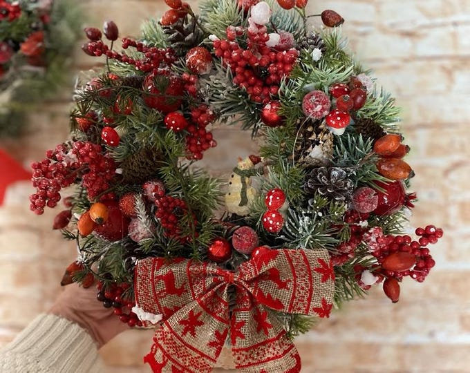 Christmas wreath red, fir wreath, door wreath, berry wreath, Christmas, wreath, winter wreath, decorative wreath, Advent wreath, door decoration, Christmas decoration,