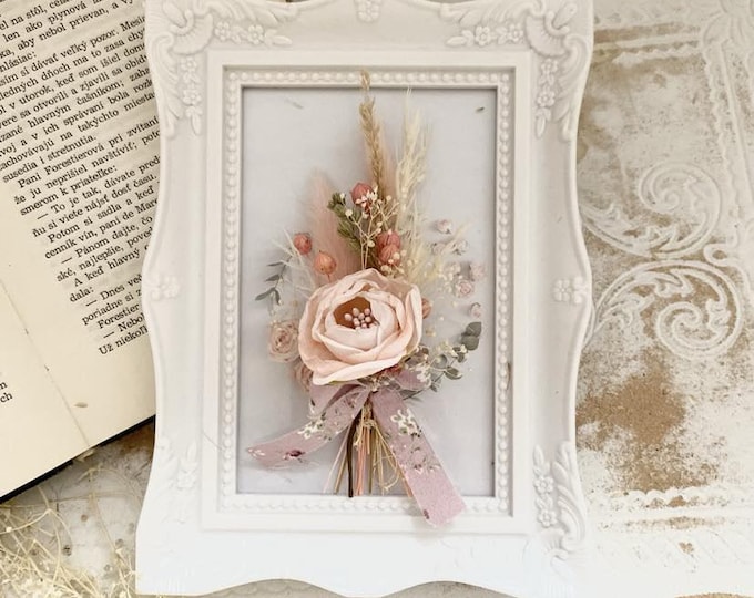 Dried Flower Display Wall Art Pink Rose Bloom Arrangement Bedroom Decor Nursery Wall Cottage Style Farmhouse Design Wedding Keepsake Present