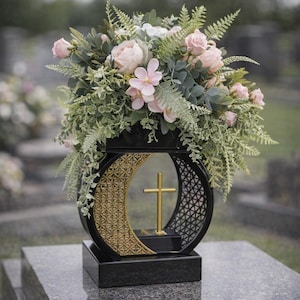 Könnte beinhalten: Eine schwarze Gedenkurne mit einem goldenen Kreuz- und Halbmond-Design, gefüllt mit rosa und weißen Blumen und Grünzeug. Die Urne steht auf einem Granitgrabstein auf einem Friedhof.