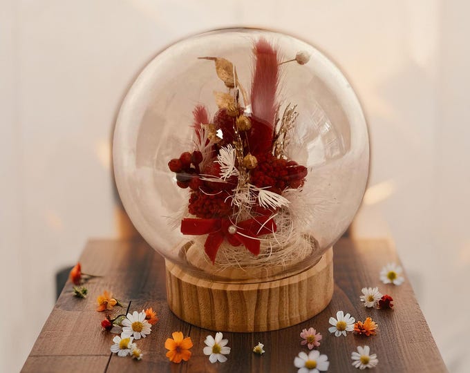 Red and Gold Christmas Floral Bauble - Dried and Preserved Flowers, Wooden Base, Display Glass Dome Flower Christmas Arrangement