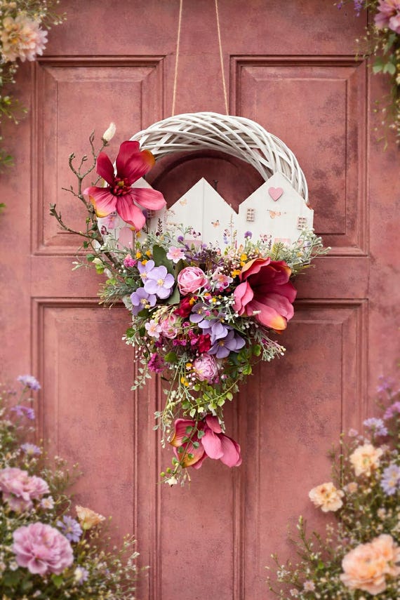 Künstlicher Blumenkranz für alle Jahreszeiten,Heimdekoration,Artificial Door Wreath, Door Decorations,Wreath with Flowers,Trockenblumenkranz