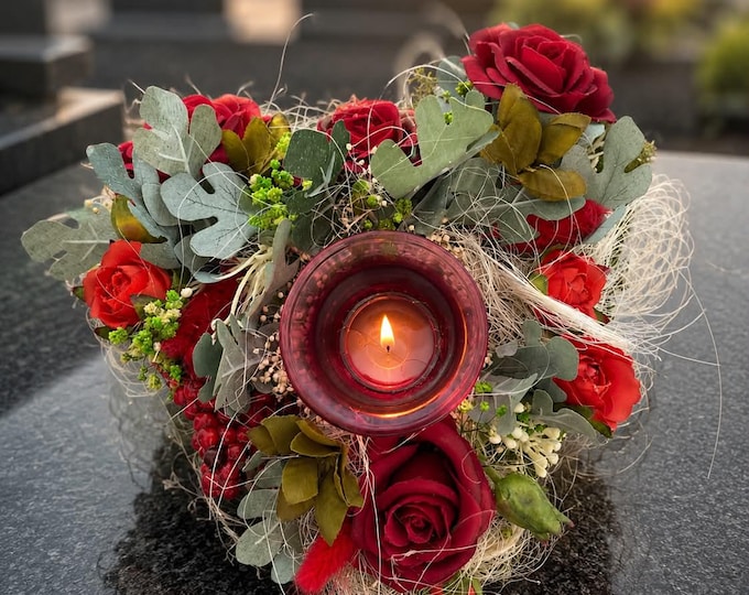 Moss Heart Grave Decoration - Floral Memorial Arrangement with Glass Candle Holder - Outdoor Cemetery Decor - Personalized Sympathy Gift