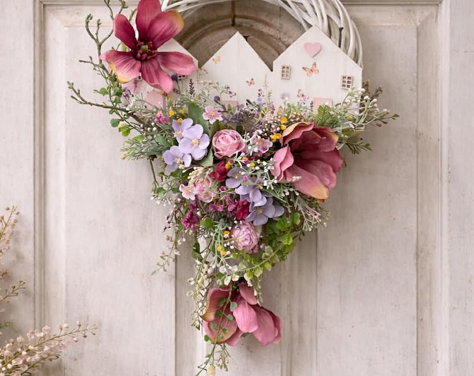 Vintage door wreath, pastel wreath, floral door decor, pink and purple wreath, rattan wreath, wooden house embellishments