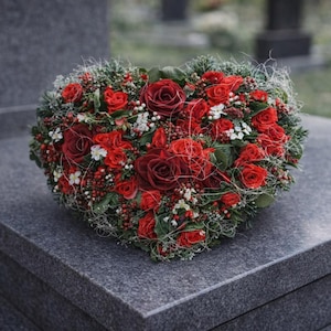 Könnte beinhalten: Ein herzförmiges Blumengesteck aus roten Rosen, kleinen weißen Blüten und Grün. Die Anordnung liegt auf einer grauen Steinoberfläche, wahrscheinlich einem Denkmal. Die Rosen sind der Blickfang.