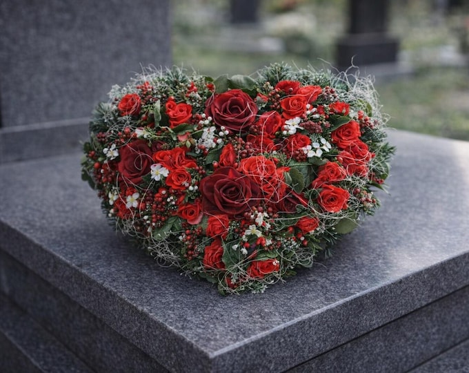 Elegant Memorial Grave Arrangement Textile flowers arrangement Magnolia Red Flower Decoration Elegant Red & Burgundy Heart-Shaped Wreath