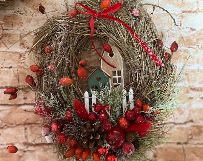 Christmas wreath red, straw wreath, door wreath, berry wreath, Christmas, wreath, winter wreath, decorative wreath, Advent wreath, door decoration, Christmas decoration, nature