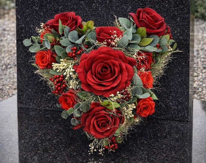 Red Heart Memorial Grave Decoration - Floral Cemetery Arrangement - Elegant Sympathy Gift - Artificial Flower Heart for Graves -Custom Heart