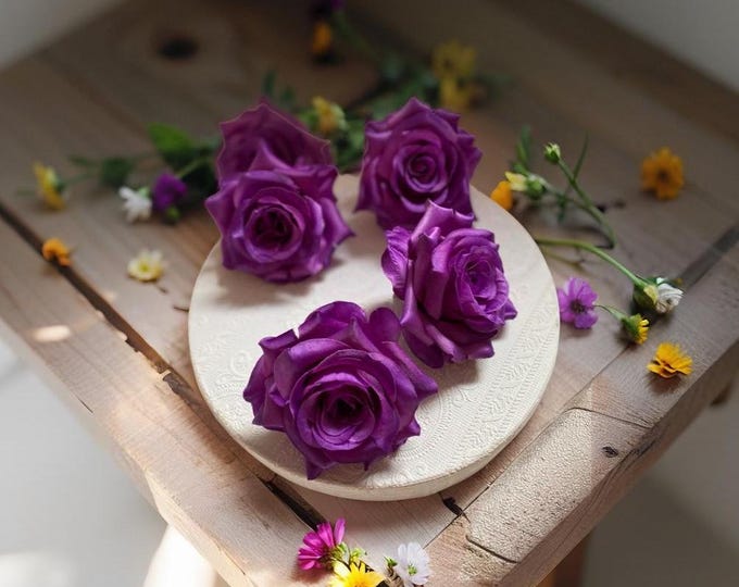 Textile Roses: Rich purple flower heads for crafts decor. Perfect for wreaths, weddings, celebrations. Versatile for indoor outdoor use DIY