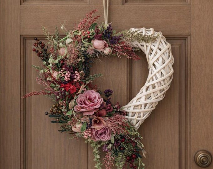 Artificial flower wreath for all seasons, home decoration, artificial door wreath with flowers, door decorations, wreath with flowers, heart