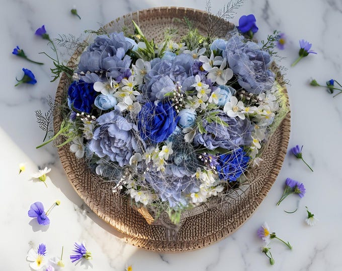 Heart-Shaped Blue Memorial Wreath: An elegant tribute for gravesites. Customizable colors available. Perfect for outdoor remembrance.