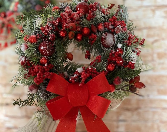 Christmas wreath red, fir wreath, door wreath, berry wreath, Christmas, wreath, winter wreath, decorative wreath, Advent wreath, door decoration, Christmas decoration,