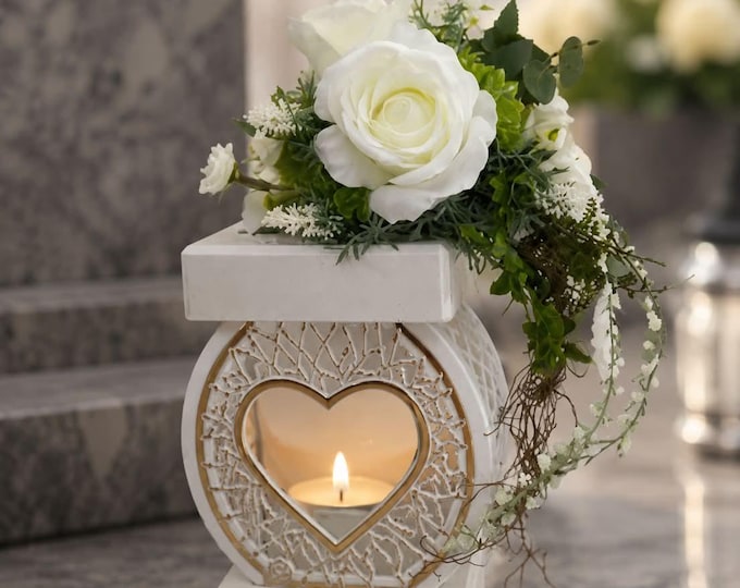 White Heart Memorial Lantern with Flowers - Elegant Grave Decoration - Personalized Sympathy Gift - Cemetery Lantern - Heart Shaped Holder