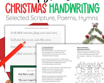 Christmas Cursive and Print Copywork for Charlotte Mason Homeschoolers, Bible Christmas Handwriting Practice Worksheets for Holidays