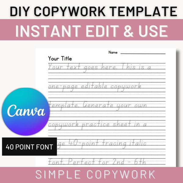 Plantilla editable para trabajos de copia y escritura a mano, hoja de trabajo con fuente cursiva D'nealian en Canva para estudiantes de educación en casa de Charlotte Mason de 2.º, 3.º, 4.º y 5.º grado.