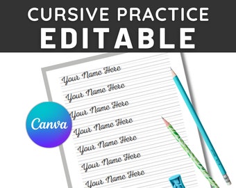 Práctica de nombres en cursiva, plantilla de Canva editable de hoja de trabajo de escritura de nombres en cursiva personalizada para estudiantes de 2.º, 3.º y 4.º grado, educadores en el hogar, personalizados