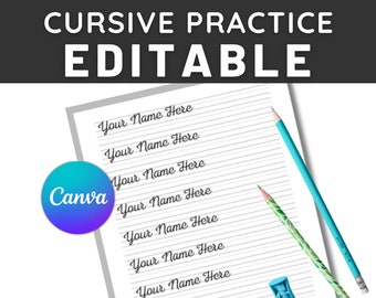 Pratique du nom cursif, feuille de travail d'écriture de nom cursif personnalisé modèle Canva modifiable pour les élèves de 2e, 3e et 4e année, les écoliers à la maison, personnalisé
