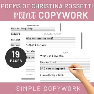 Christina Rossetti gedichten copywork en handschrift printables voor Charlotte Mason homeschoolers, Morning Time Basket, Poetry Tea Time