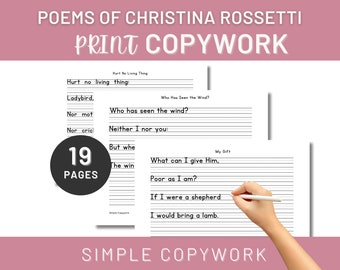 Poemas de Christina Rossetti: imprimibles para copiar y escribir a mano para estudiantes de educación en casa de Charlotte Mason, cesta matutina, hora del té de poesía