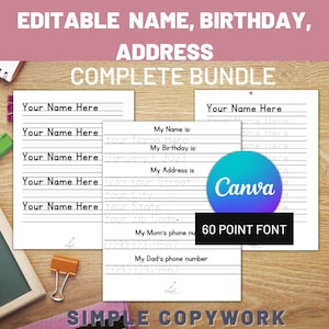 May include: Editable printable worksheets for practicing handwriting. The worksheets include lines for writing names, birthdays, and addresses. The text "60 POINT FONT" is visible on the page. The worksheets are on a wooden surface with a chalkboard and binder clips.