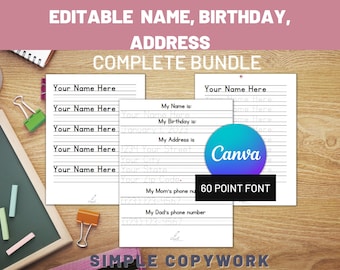 PAQUETE Nombre Dirección Hoja de trabajo de seguimiento de cumpleaños editable, Práctica de escritura a mano preescolar, Aprenda a escribir el nombre, plantilla canva, trabajo de copia
