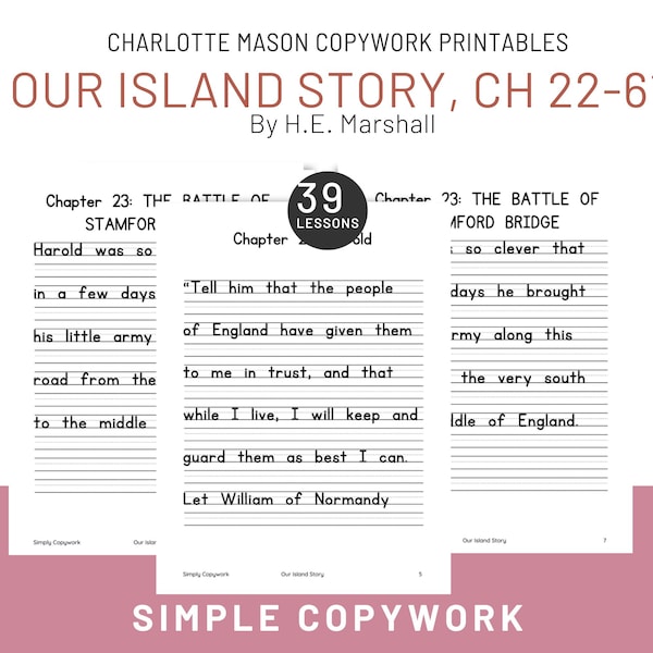Our Island Story Ch. 22-61 Copywork Handwriting Worksheet for Charlotte Mason and Classical Homeschoolers, 40 point-font for 2nd-5th Graders