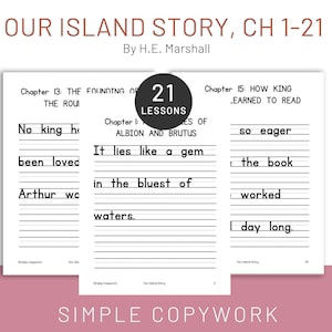 Our Island Story cap.1-21 Hoja de trabajo de redacción y escritura a mano en fuente impresa de 60 puntos para estudiantes de jardín de infantes a primer grado con educación en el hogar de Charlotte Mason