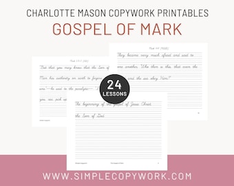 Gospel of Mark Handwriting & Copywork CURSIVE for Charlotte Mason and Classical Homeschooler, Morning Time Basket Bible Worksheet (40 pt)