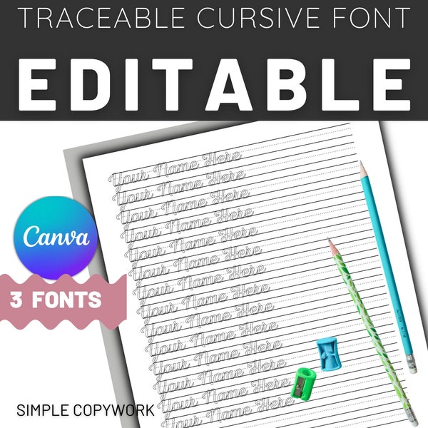 Hojas de práctica de escritura cursiva rastreables editables, aprenda a escribir cursiva con una hoja de trabajo de calco en Canva, cursiva personalizada