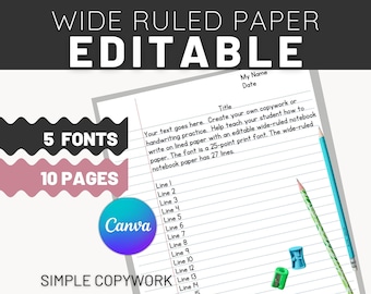 Papel de cuaderno editable con rayas anchas para que los niños practiquen la escritura a mano y el diario, haga su propia plantilla de papel de escritura con rayas