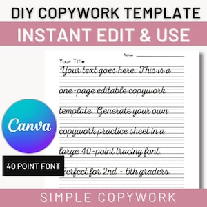 Papel editable para copiar y escribir a mano, generador de hojas de trabajo cursivas, plantilla Canva para Charlotte Mason Homeschooler 2.º 3.º 4.º 5.º 6.º