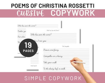 Poemas de Christina Rossetti, Trabajos de copia y escritura en CURSIVA para estudiantes de educación en casa de Charlotte Mason, Menú de la cesta de la mañana, Hora del té de poesía
