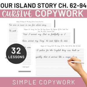 Nuestra historia de la isla cap. 62-94 Copiado y escritura CURSIVA para estudiantes de educación en el hogar de Charlotte Mason, hoja de trabajo de escritura a mano para la mañana