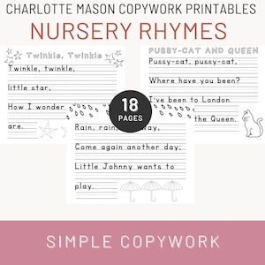 Kinderreim Handschrift Übungs und Schreibarbeit für Charlotte Mason Homeschoolers in PreK-1st Class, Kinderreim Malseiten