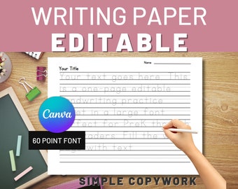 Editable Lined Handwriting Paper with a Tracing Font for PreK, K, 1st Grade, Canva Template, Custom kindergarten worksheet printable