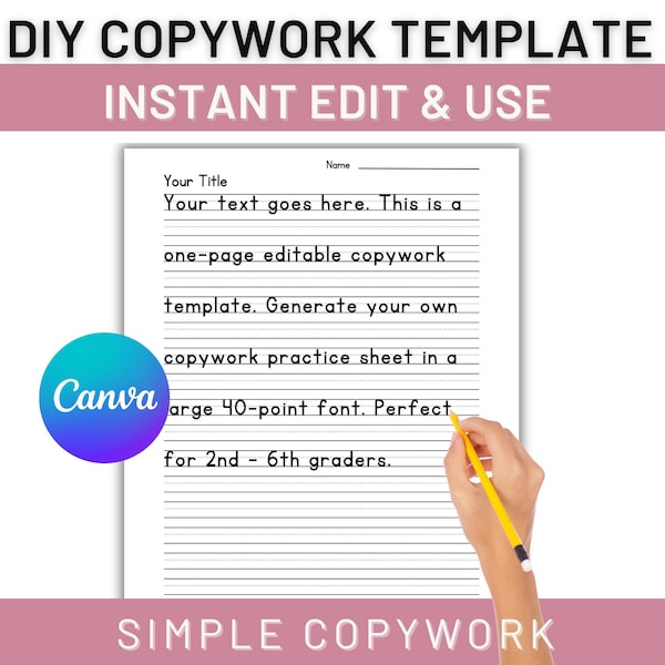 Editable Copywork & Handwriting Template, Worksheet Generator, One Page Canva Template for Charlotte Mason Homeschooler 2nd 3rd 4th 5th 6th