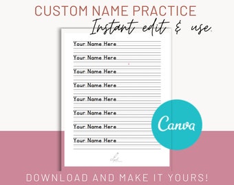 Hoja de trabajo de práctica de nombres de preescolar editable en Canva para prekínder, jardín de infantes, primer grado, aprender a escribir el nombre, práctica de nombres personalizados