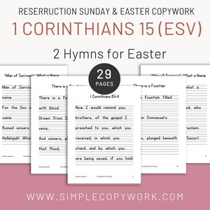 Pode incluir: Uma pilha de páginas de copywork brancas com o texto "Resurrection Sunday & Easter Copywork" e "1 Corinthians 15 (ESV)". As páginas incluem o texto "2 Hymns for Easter" e "29 Pages". O site www.simplecopywork.com está na parte inferior.
