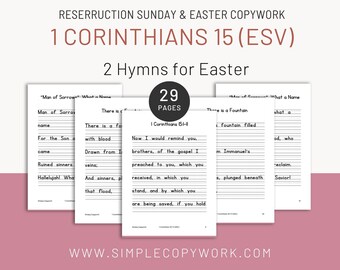 Easter and Resurrection Sunday Copywork from 1 Corinthians 15, Hymns, Charlotte Mason Handwriting Worksheet for Homeschool, Morning Time