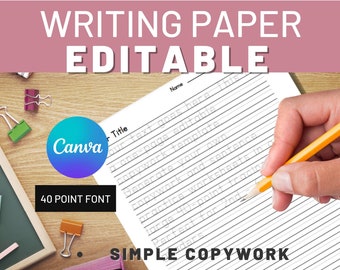 Papel de escritura a mano con líneas editables en una fuente de calco para 2.º 3.º 4.º grado, Canva, hoja de trabajo de escritura de jardín de infantes personalizada para practicar oraciones
