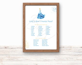 Könnte beinhalten: Ein druckbares Aktivitätsblatt mit einer Aquarell-Illustration von Aschenputtel. Das Blatt hat ein blaues und goldenes Farbschema und fragt "Wie heißt deine Prinzessin?" mit einer Liste von Adjektiven und einem entsprechenden Buchstaben für jedes. Das Blatt enthält auch eine Liste von Monaten und entsprechenden Prinzessinnennamen.