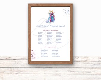 Könnte beinhalten: Ein druckbarer Chart mit einer Aquarell-Illustration von zwei Prinzessinnen. Der Chart fragt "Wie heißt deine Prinzessin?" und listet Adjektive und Monate des Jahres auf, um dir bei der Bestimmung eines Prinzessinnennamens zu helfen.