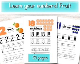 Number Tracing Worksheets for Preschool | Counting Fruit Numbers 1-20 | Learn to Write Numbers Worksheets for Kindergarten and Pre K