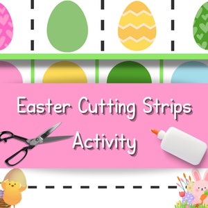 Puede incluir: Una actividad de corte de tiras de Pascua imprimible para niños. La imagen muestra una hoja rosa con el texto "Easter Cutting Strips Activity" y un par de tijeras. También hay imágenes de huevos de Pascua y un pollito.