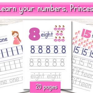 Princess Number Tracing Worksheet | Learn Your Numbers Princess Worksheet | Preschool Writing Numbers | Handwriting and Number Tracing Girly