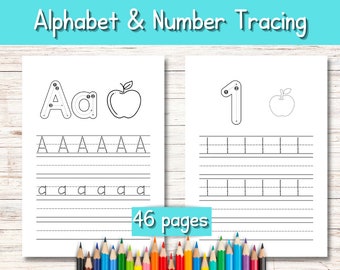 Alphabet- und Zahlenverfolgungsseiten | Buchstaben und Zahlen schreiben lernen | Arbeitsblätter zur Nachverfolgung des Alphabets | Vorschule Zählen lernen