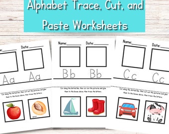May include: Three printable worksheets for tracing, cutting, and pasting letters A, B, and C. Each worksheet includes a dotted line to trace the letter, a box to paste a picture, and a picture of an apple, boat, and car.
