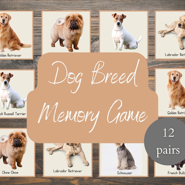 Dog Breed Memory Game | Gifts for Kids | Preschool Games | Printable Dog Activity | Kids Who Loves Dogs | Instant Download Memory Game