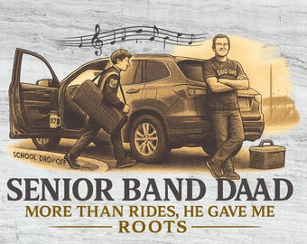 May include: Illustration of a father and son at school drop-off. The son, carrying a musical instrument case, exits a car. The father leans against the car. Text reads "SENIOR BAND DAAD" and "MORE THAN RIDES, HE GAVE ME ROOTS."