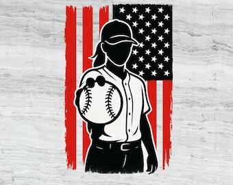 Patriotic Softball Player PNG: Grunge American Flag Sublimation Design