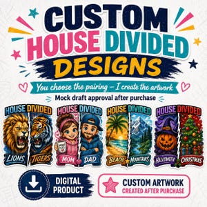 Może przedstawiać: Kolorowy projekt grafiki cyfrowej z tekstem "CUSTOM HOUSE DIVIDED DESIGNS". Projekt zawiera ilustracje lwa, tygrysa, pary, plaży, gór, Halloween i Bożego Narodzenia. Tekst "DIGITAL PRODUCT" jest również zawarty.
